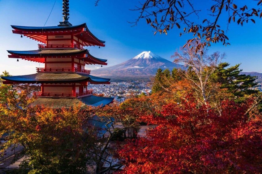 A red pagoda, autumn foliage, and a snow-capped mountain in the background. 1