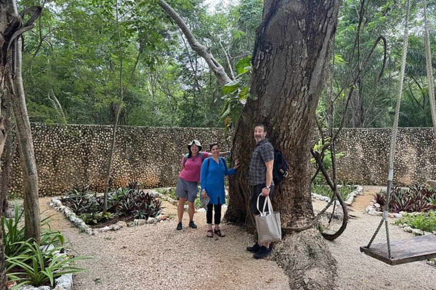 Un grupo de personas de pie cerca de un árbol en un jardín con un columpio y una plataforma de madera. 4