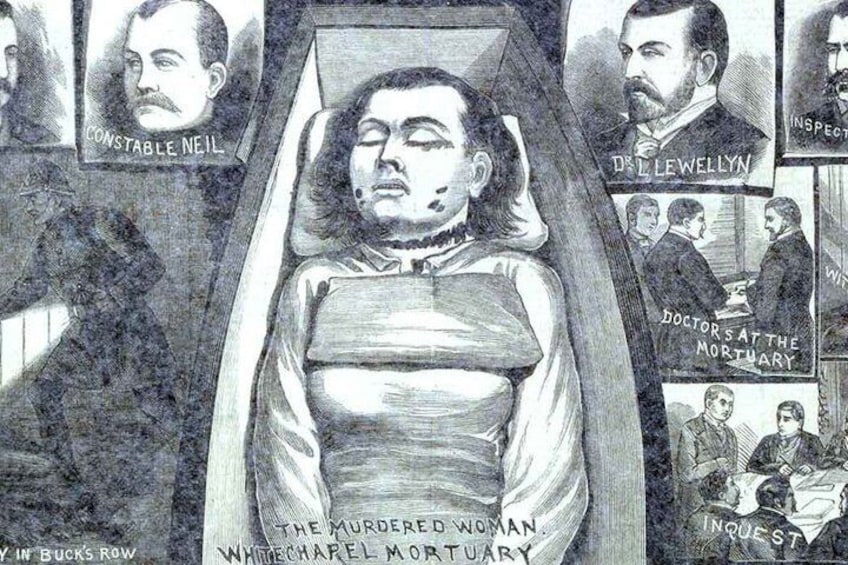 A historical illustration with a central figure labeled 'The Murdered Woman Whitechapel Murder.' 3