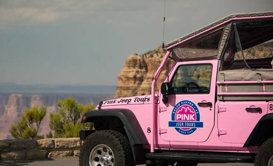 Vaaleanpunainen Jeep-merkkinen auto, jonka kyljessä on teksti ”Pink Jeep Tours”, on pysäköity lähellä kanjonia. 4