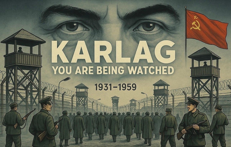 A historical scene with watchtowers, barbed wire, and soldiers in uniform, indicating a period of surveillance or military presence. 1