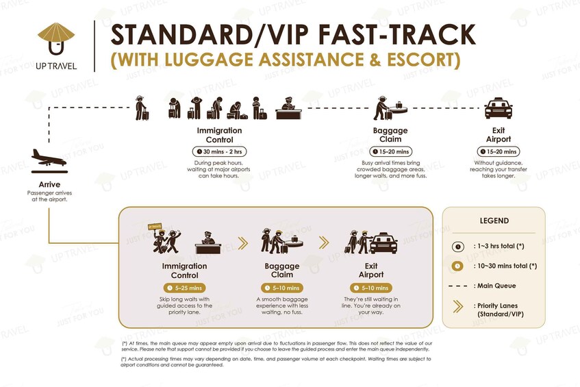 A flowchart detailing the process of a standard or VIP fast-track at an airport with luggage assistance and escort. 3