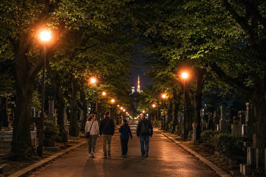 A nighttime scene of a tree-lined pathway with street lamps and tombstones. 2