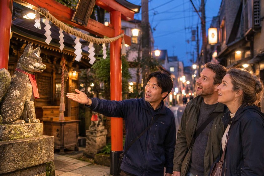 A street scene with traditional Japanese architecture, including a red torii gate and a stone statue of a dog. 3