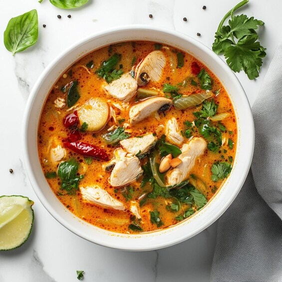 A bowl of soup with chicken, herbs, and spices. 2
