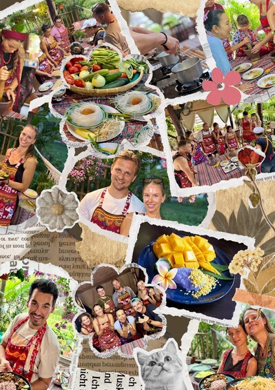 A collage of various food-related scenes, including people cooking and serving dishes. 4