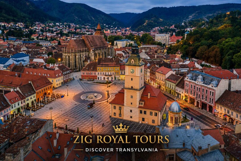 A cityscape with historic buildings, a prominent church, and a central square. 1
