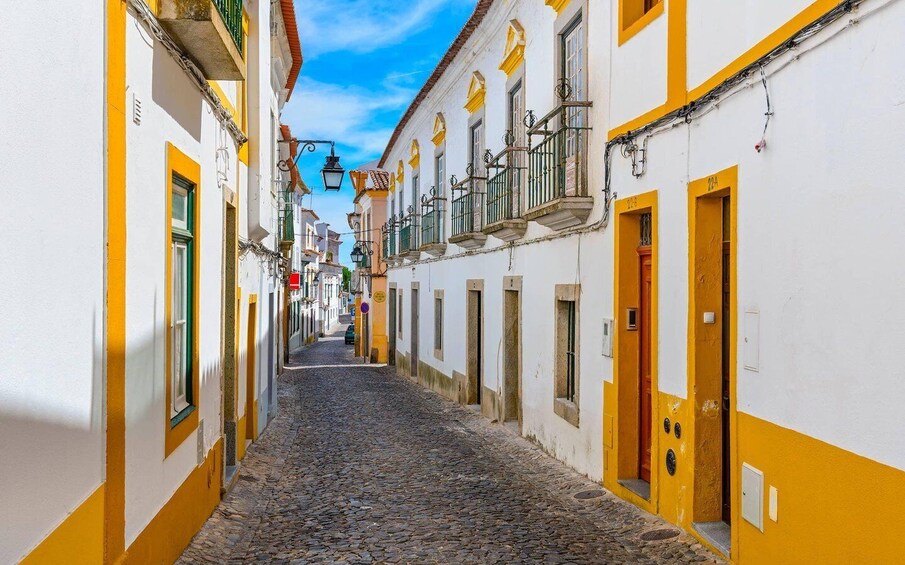 A cobblestone street flanked by buildings with yellow and white facades, under a clear blue sky. 3