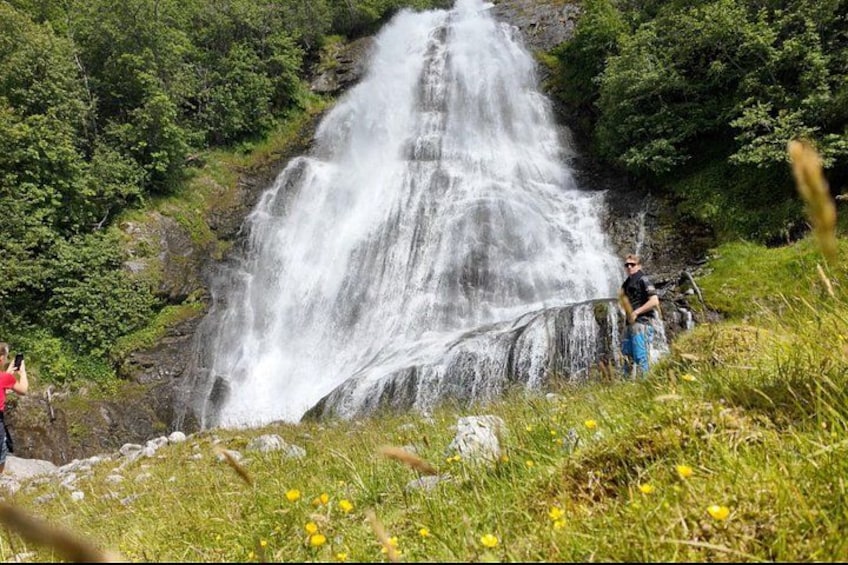 Una cascada se precipita por una ladera rocosa rodeada de exuberante vegetación. 1
