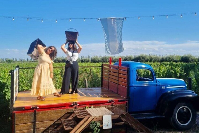 A vintage blue truck with a wooden platform, two people standing on it, and a vineyard in the background. 5