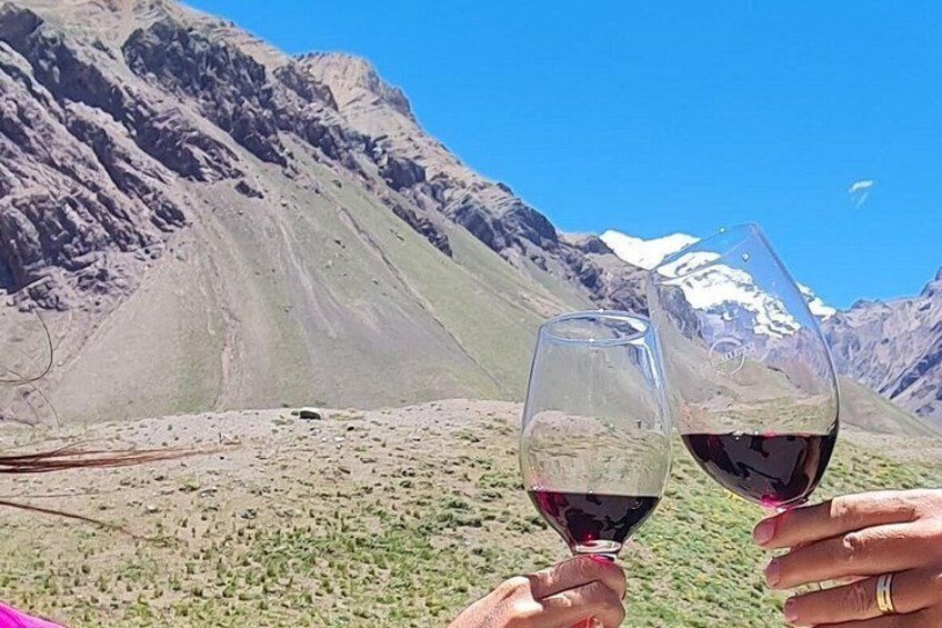 Two hands holding wine glasses with a mountainous landscape in the background. 2
