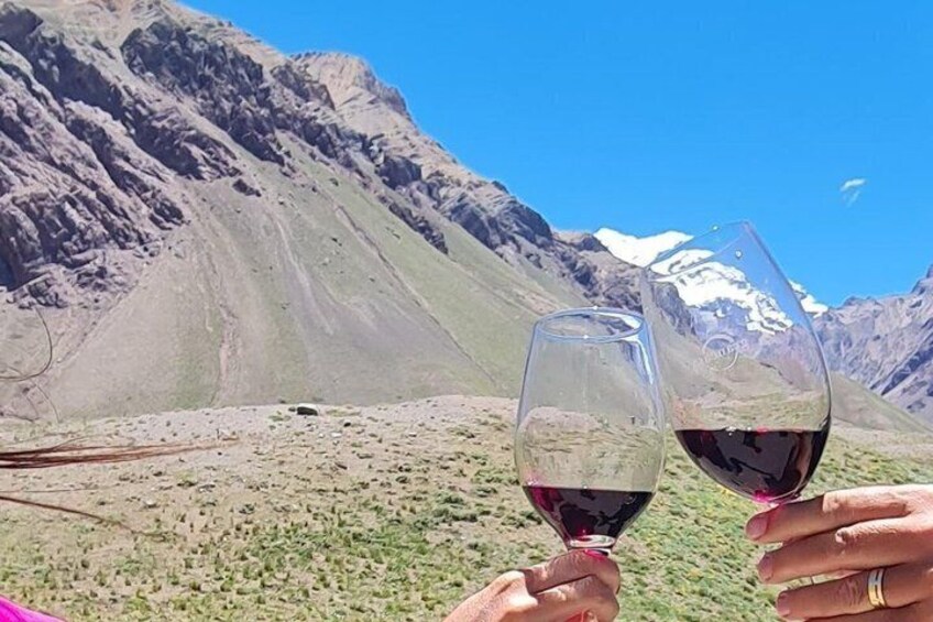 Two hands holding wine glasses with a mountainous landscape in the background. 2