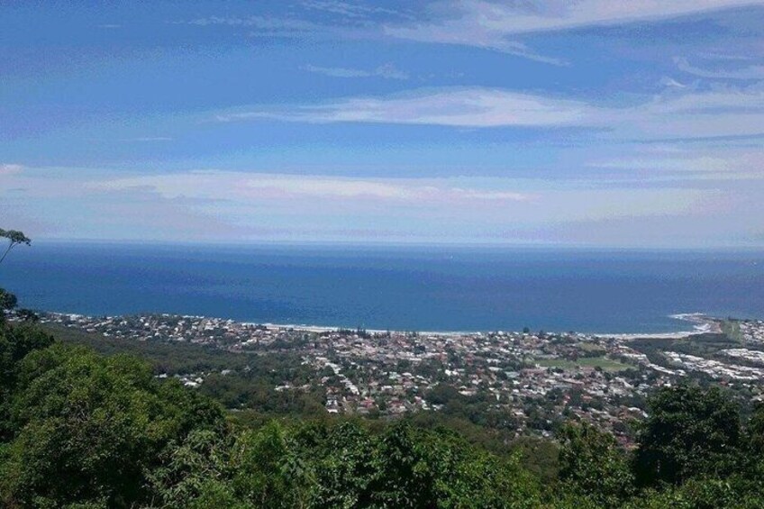 A coastal town with a view of the ocean and dense greenery in the foreground. 2