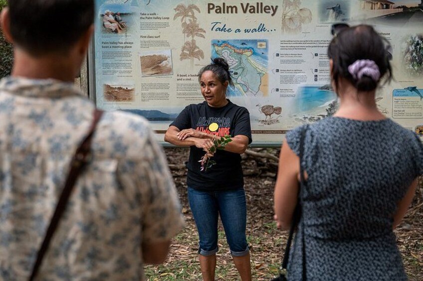 Une femme tenant une plante devant un panneau d’information sur Palm Valley. 4