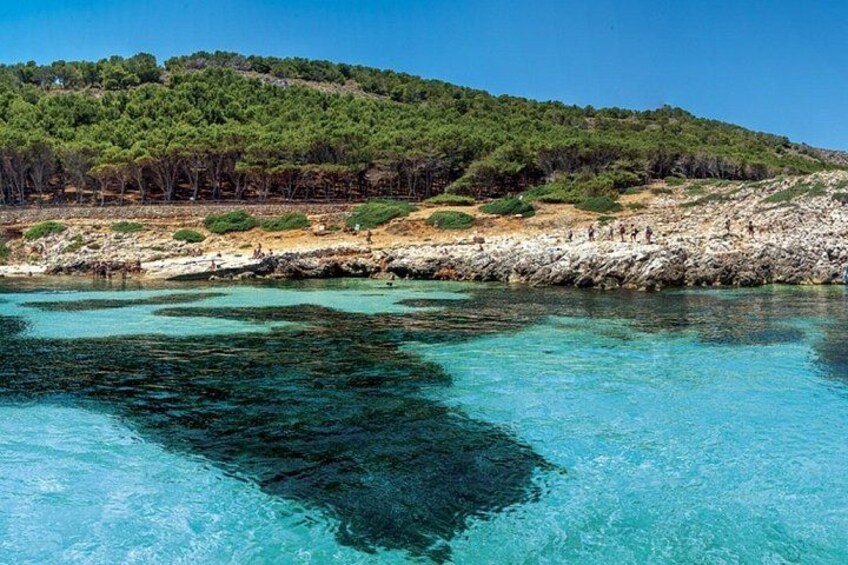 Een kustlandschap met helder turquoise water, rotsachtige oevers en een beboste heuvel op de achtergrond. 2