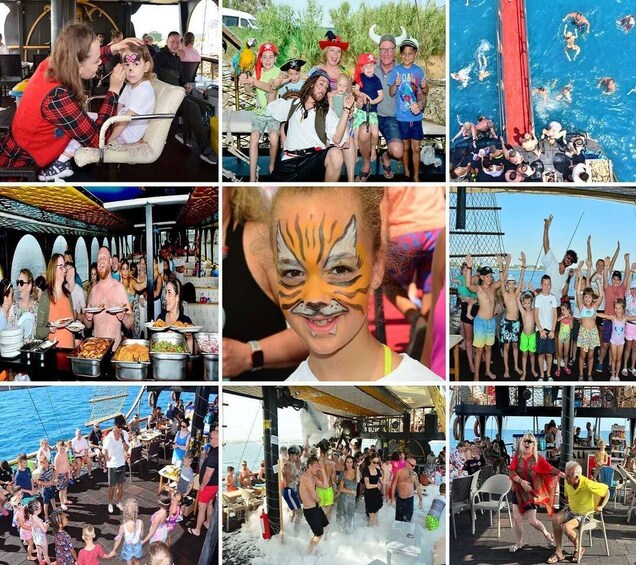 A group of people on a boat, a swimming pool, and a dining area with food. 4