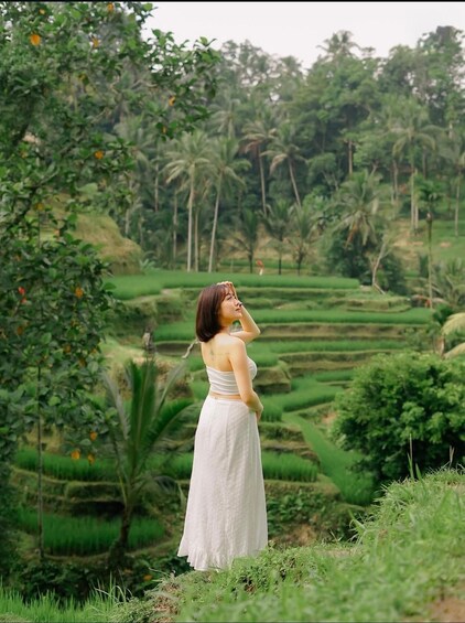 A person standing in a lush green landscape with terraced fields and palm trees. 1