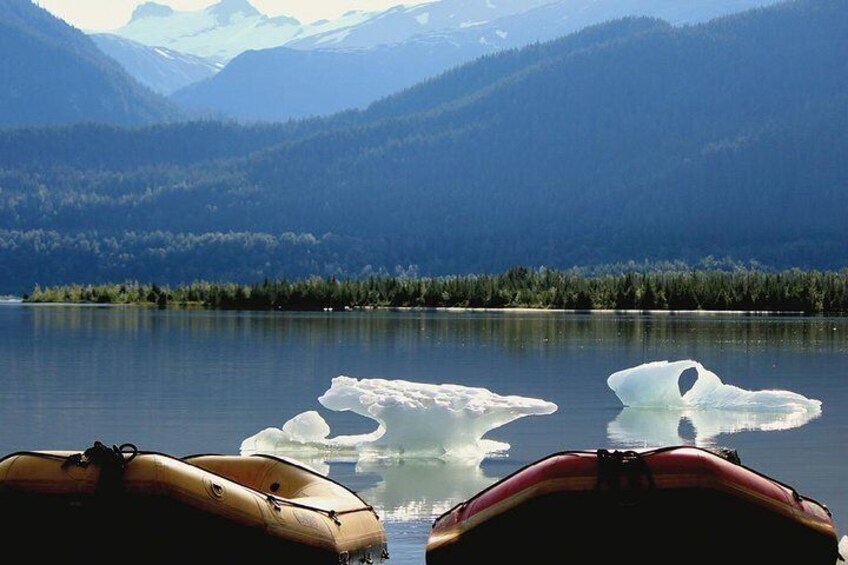 A lake with icebergs, a forested shoreline, and mountains in the background. 3