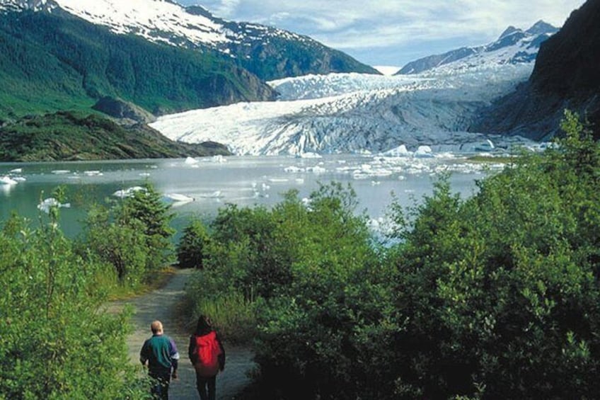 A glacier with a lake, surrounded by mountains and greenery. 3