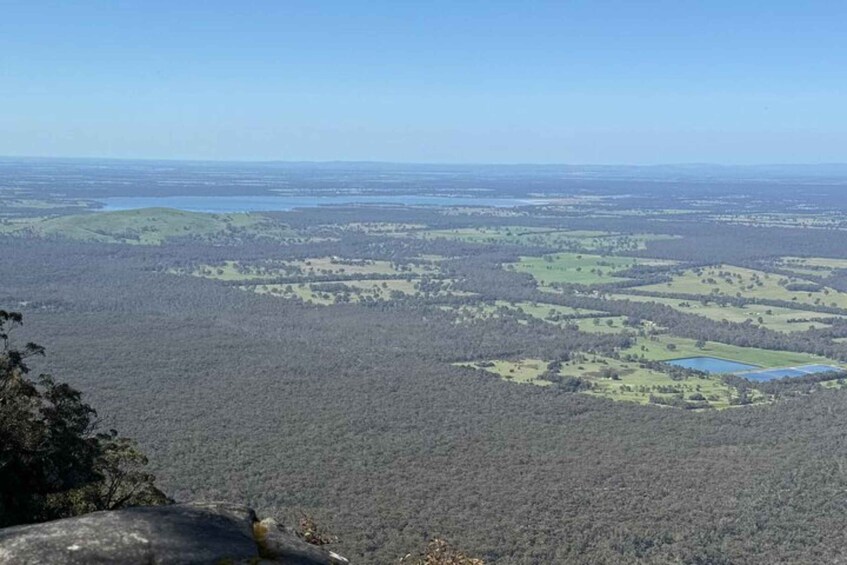 A panoramic view of a forested landscape with scattered clearings and a distant body of water. 4