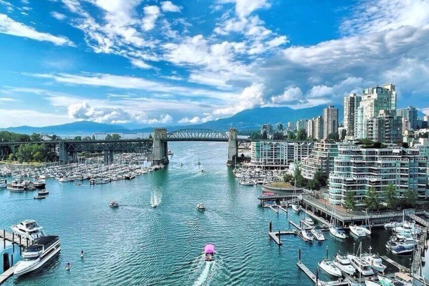 A marina with boats, a bridge, and high-rise buildings. 5