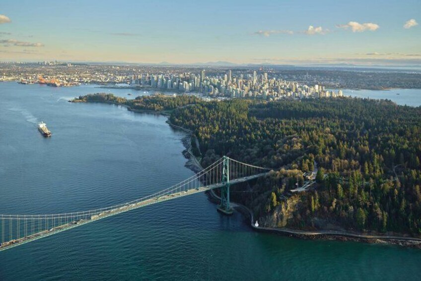 A suspension bridge spanning a river, a city skyline in the distance, and a forested island. 3