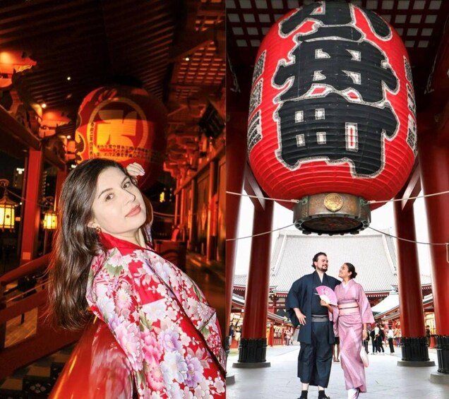 A traditional Japanese building with red lanterns and a couple dressed in traditional attire. 2
