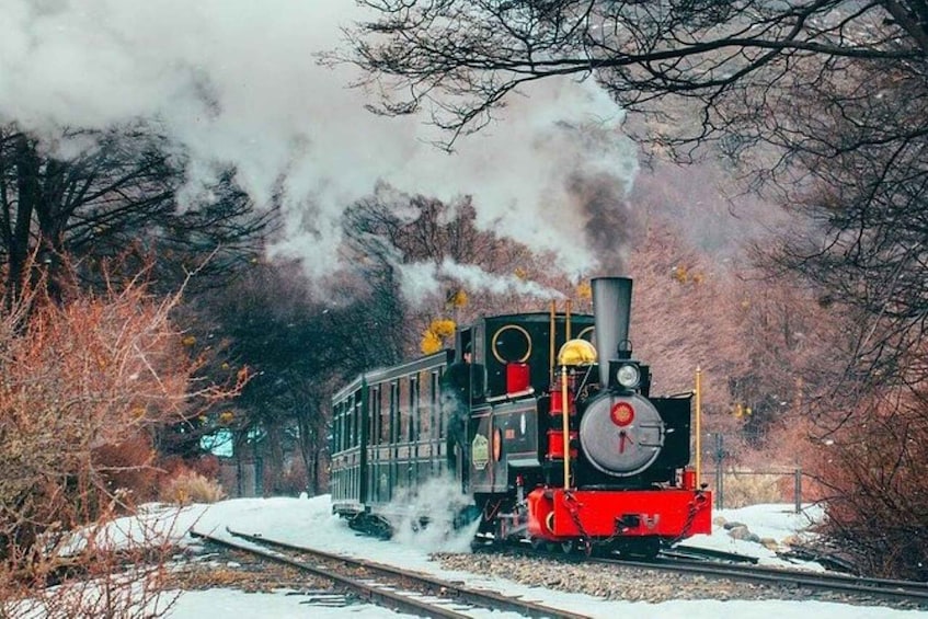 Een stoomlocomotief met een rode voorkant, die rook uitstoot en op rails door een besneeuwd landschap rijdt met kale bomen. 1