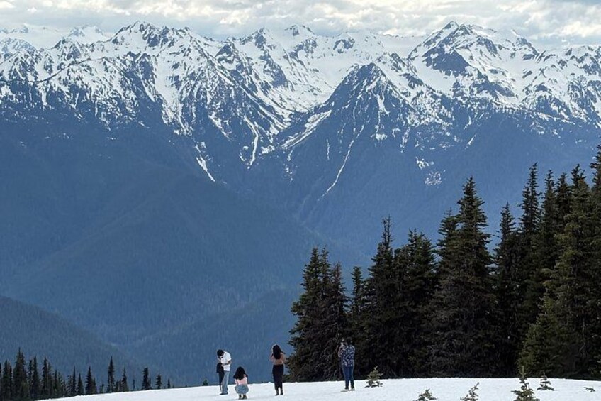 A snowy mountain landscape with a group of people standing on a snow-covered slope, surrounded by dense coniferous forest and snow-capped peaks in the background. 2