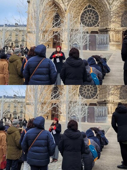 A group of people gathered in front of a historic building with intricate architecture. 2