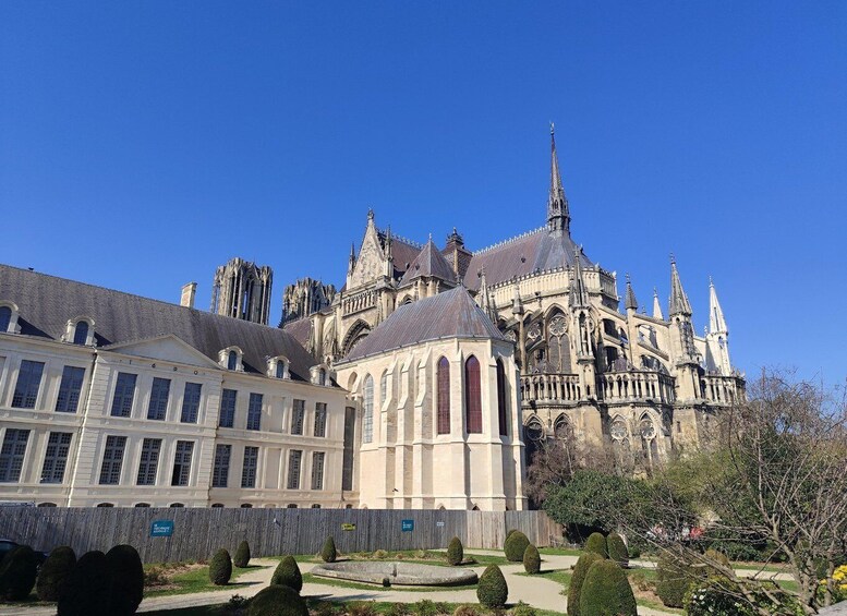 A historic cathedral with intricate architecture and a well-maintained garden in front. 3