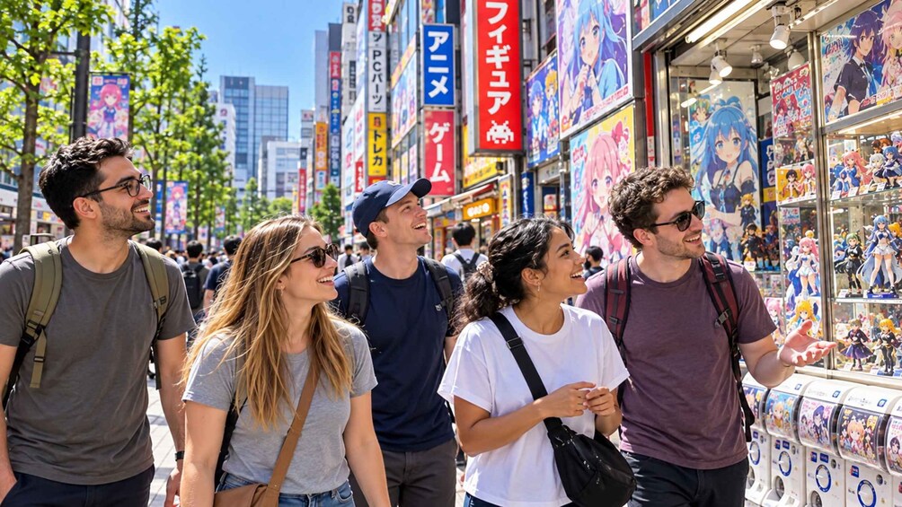A busy street with people walking and a shop displaying anime merchandise. 1