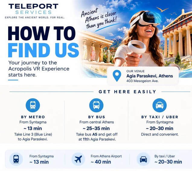 A promotional poster for Teleport Services, detailing how to reach the Acropolis VR Experience in Athens. It includes travel options like metro, bus, taxi, and direct from the airport, with specific times listed for each. 2