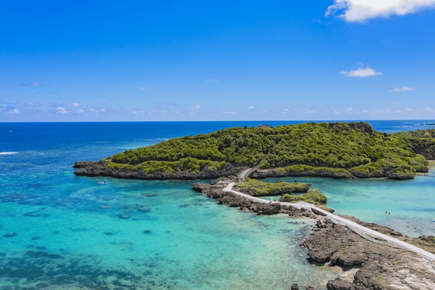 A tropical island with a clear turquoise sea, a winding road, and lush greenery. 2