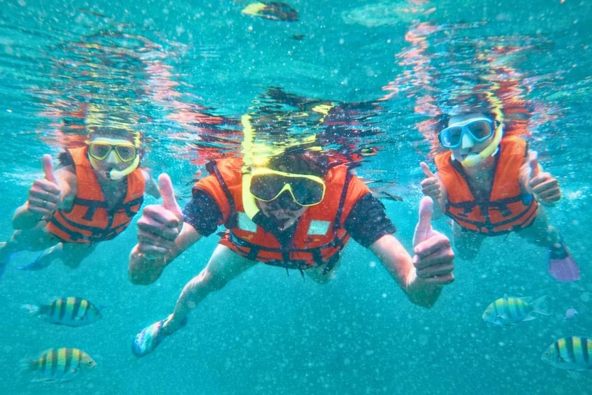 Three people underwater giving thumbs up, wearing orange life vests and snorkels. 5