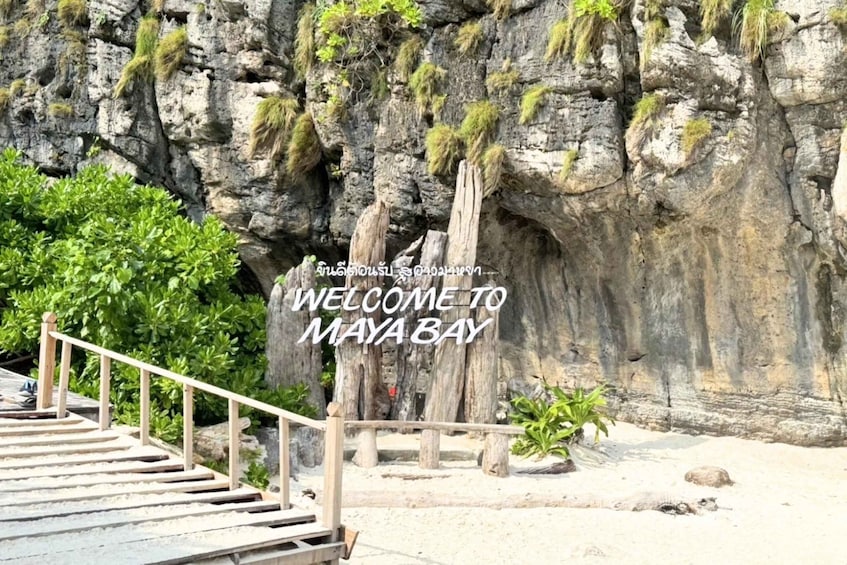 A wooden staircase leading to a rocky cliff with greenery. 3