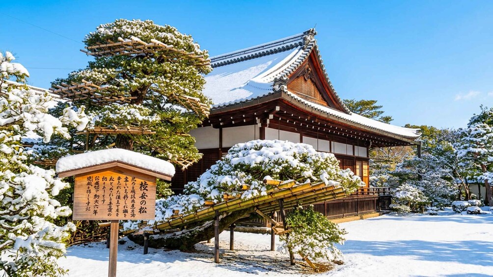 A traditional Japanese building with snow-covered trees and a wooden sign with Japanese characters. 2