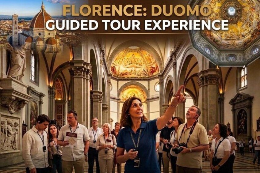 Een begeleide tour in de Duomo van Florence, met toeristen en een gids die architectonische details aanwijst. 1