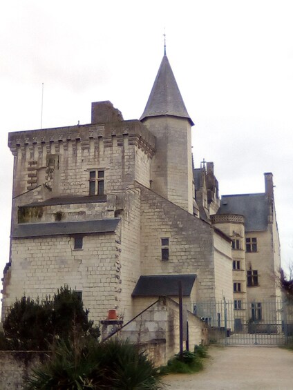 A historic stone castle with a prominent tower, a gate, and a paved pathway leading to it. 3