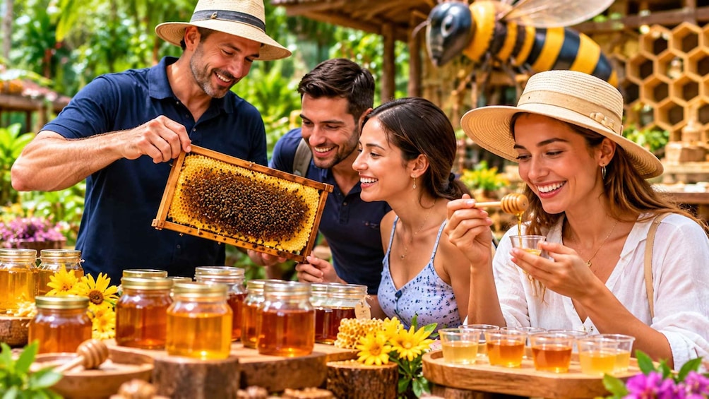 A group of people harvesting honey from beehives in a garden setting. 2