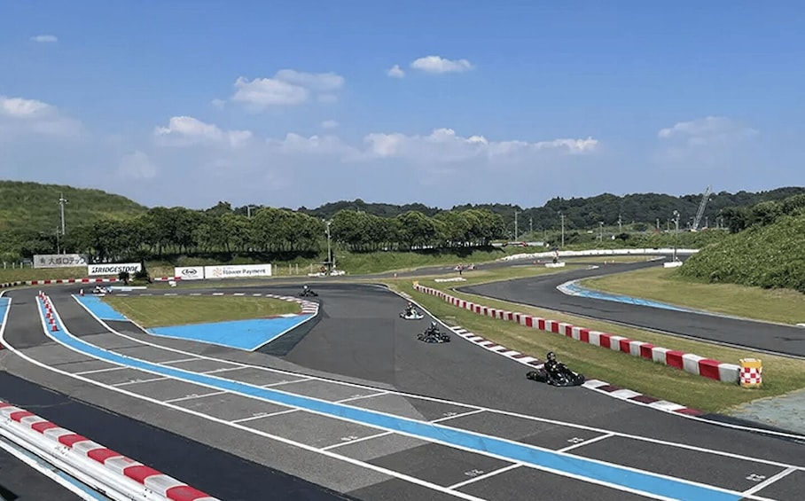 A racing track with multiple lanes, a blue safety area, and a forested hill in the background. 3