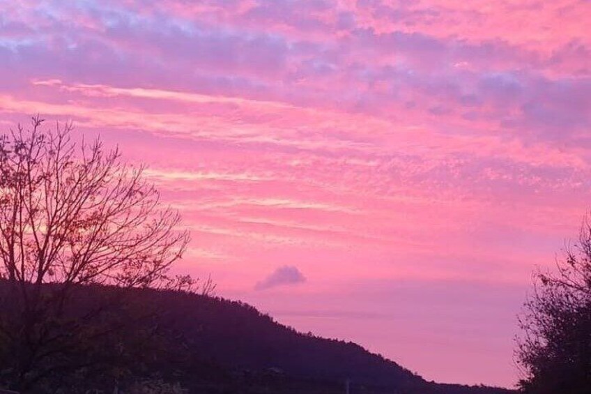 A sunset over a hilly landscape with sparse trees. 5