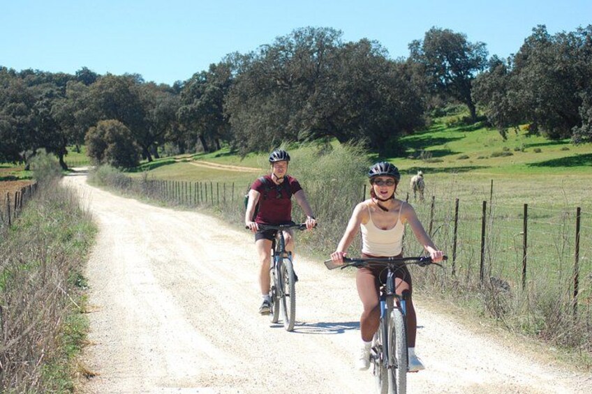 Deux cyclistes sur un chemin de terre, avec une clôture d’un côté et des arbres en arrière-plan. 4