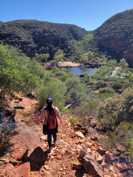 A hiker on a rocky trail with a river and hills in the background. 4