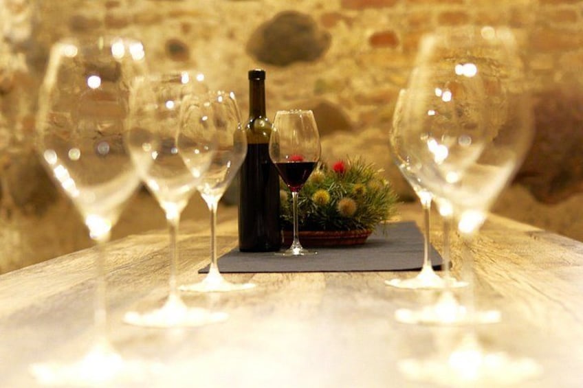 Une bouteille de vin rouge, deux verres à vin et une petite plante succulente sur une table en bois. 3