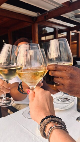 A group of people toasting with wine glasses at an outdoor table. 4