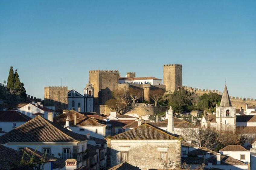 A historic town with medieval architecture, including a prominent castle and fortified walls. 2