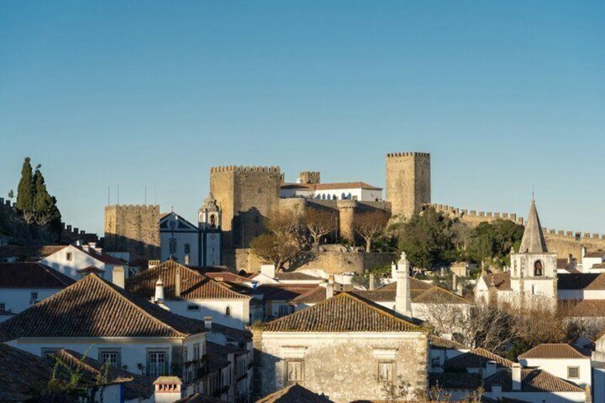 A historic town with medieval architecture, including a prominent castle and fortified walls. 2