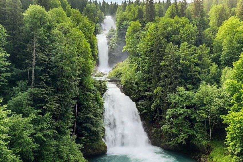 A waterfall surrounded by dense green forest. 5