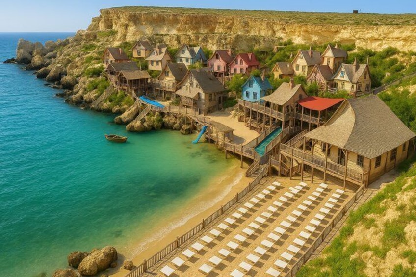 A coastal village with colorful houses, a beach, and a cliff. 5